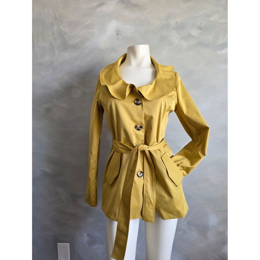 Sandro Studio  Ruffle Collar Mustard Yellow Belted Trench Coat Sz S